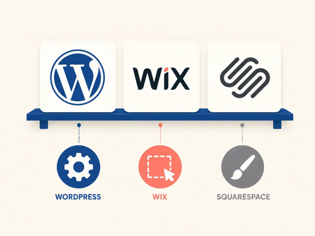 Flat-style comparison illustration of WordPress, Wix, and Squarespace blogging platforms with simple icons for each.