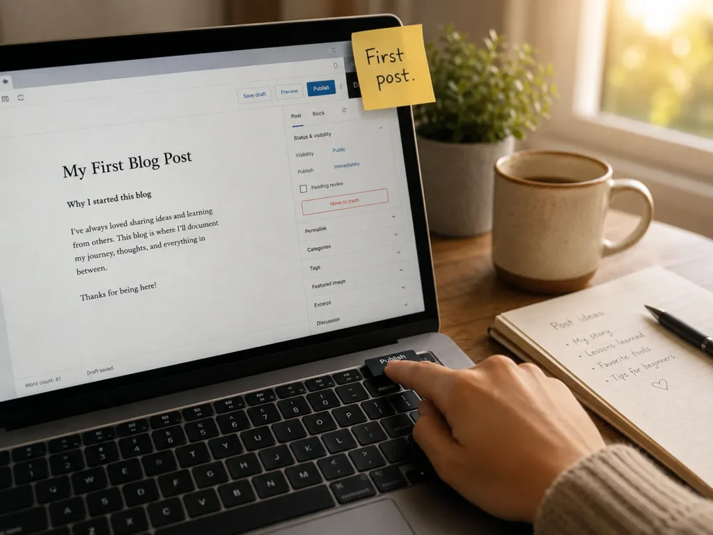 A hand pressing the publish button on a laptop with a first blog post draft on the screen.