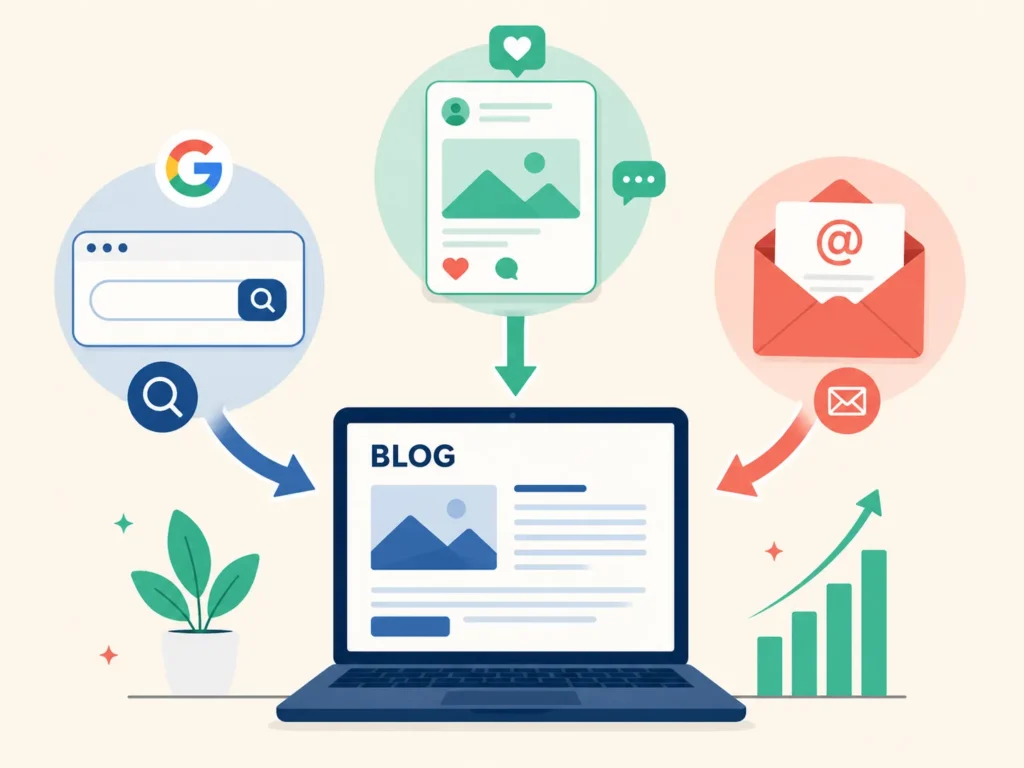 Illustration of three traffic channels — search, social media, and email — flowing into a central blog.