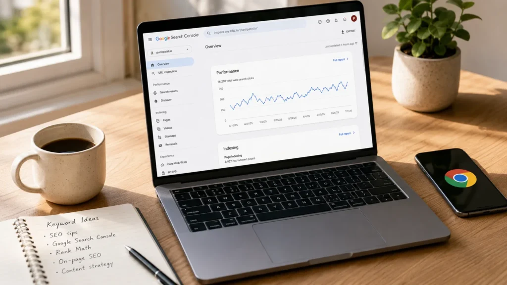 A clean desk with a laptop showing Google Search Console, surrounded by notebooks, a coffee cup, and natural morning light — illustrating the best free SEO tools