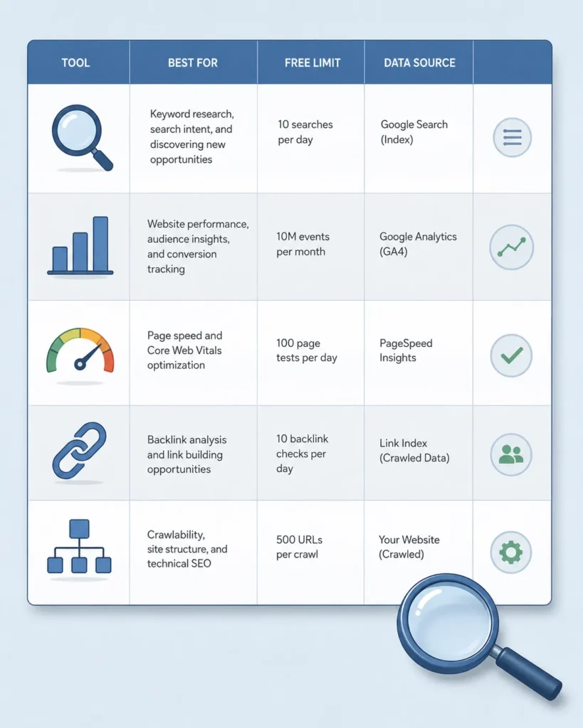 A clean comparison chart showing the limits of popular free SEO tools side by side, with a magnifying glass and small data icons.