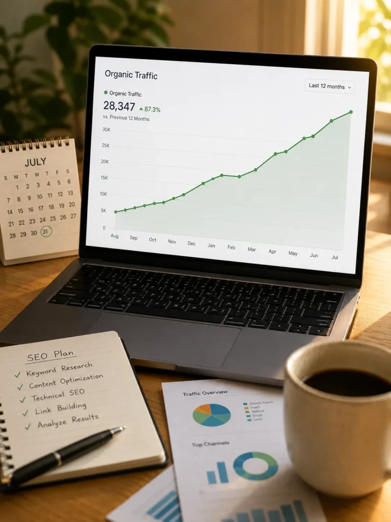 An upward-trending line graph on a laptop screen showing organic traffic growth, representing the results achievable with free SEO tools over time.