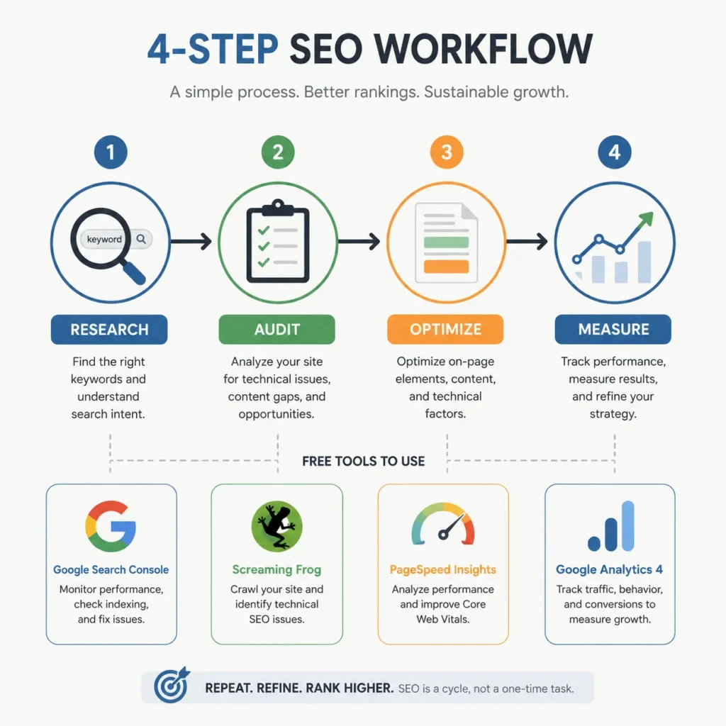 Visual workflow showing the free SEO tools stack — keyword research, technical audit, on-page optimization, and analytics — laid out as a connected process.