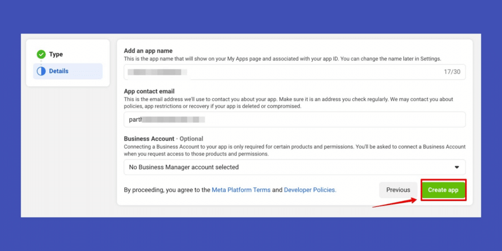 Provide details and create the app.