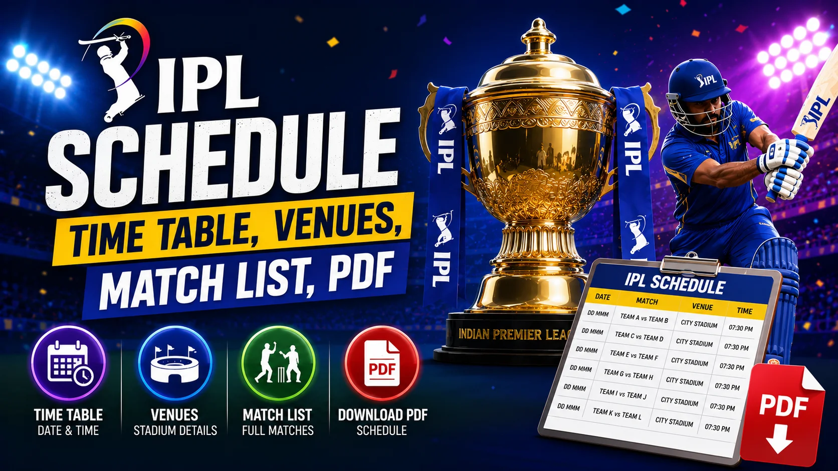 IPL Schedule Time Table, Venues, Match List, PDF