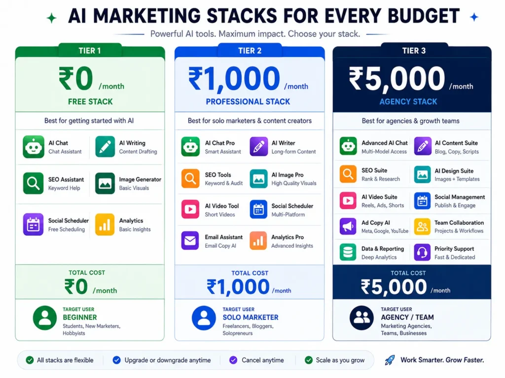 AI marketing stack comparison on ₹0, ₹1,000 and ₹5,000 per month budgets for Indian marketers