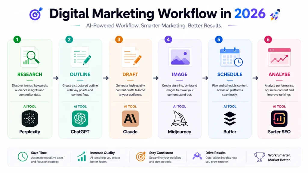Digital marketing workflow in 2026 with AI tools like Perplexity ChatGPT Claude Midjourney and Buffer