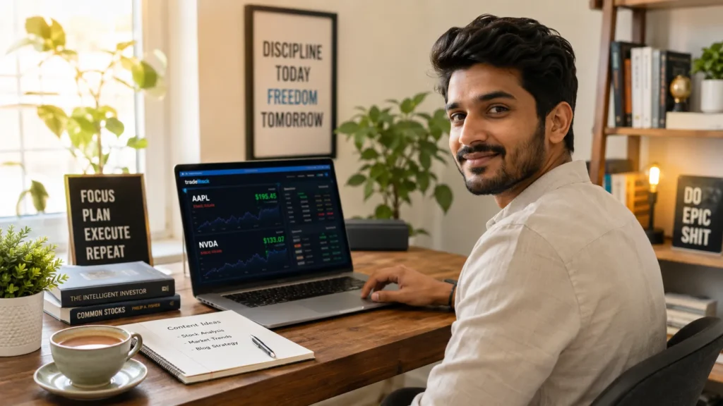 Young Indian blogger buying US stocks from India in 2026 using a laptop trading app