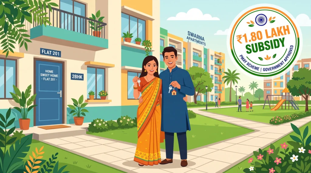 Young Indian couple receiving keys to a new home under PM Awas Yojana Urban 2.0 with ₹1.80 lakh subsidy.