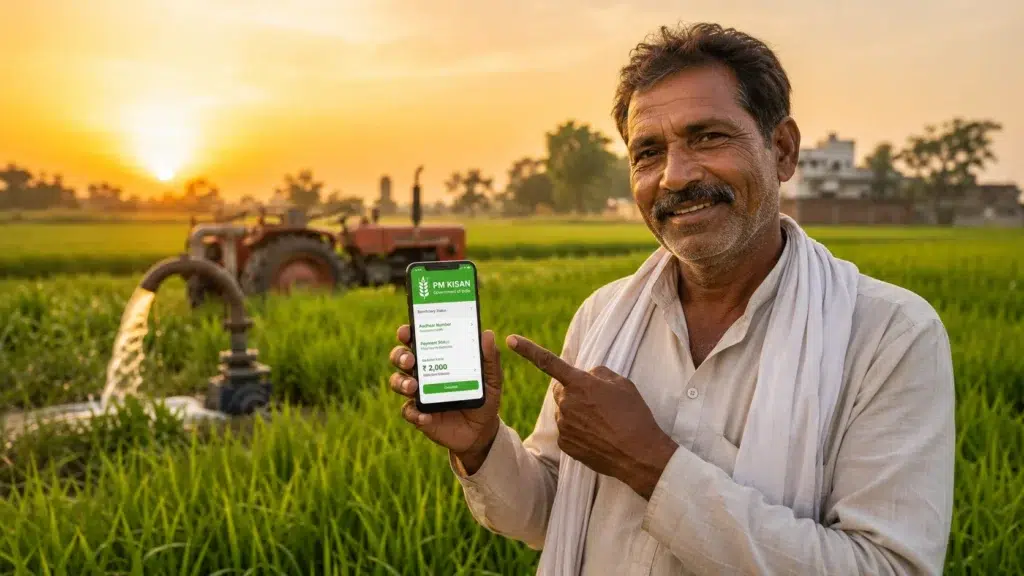 Indian farmer in a field checking PM Kisan 24th installment status on smartphone at golden hour