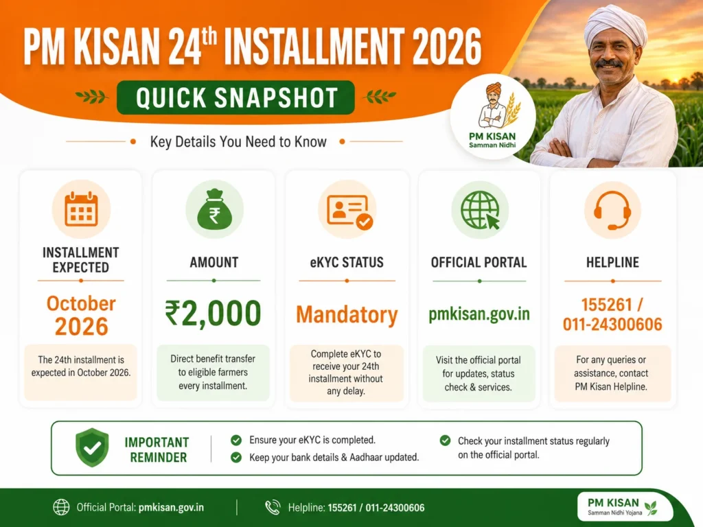 PM Kisan 24th installment 2026 quick snapshot showing expected date amount and eKYC status