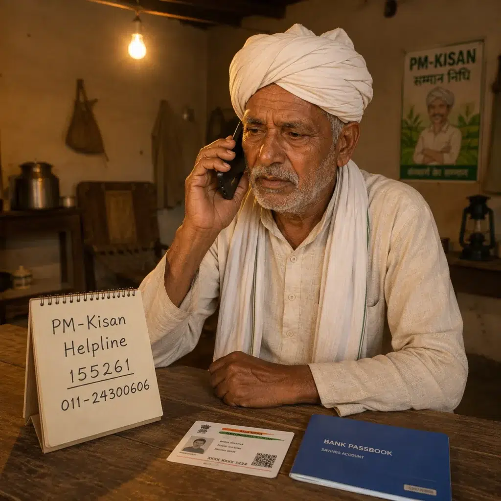 Indian farmer calling the PM Kisan helpline for payment issue support, with documents on the table.