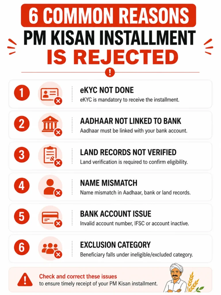 Six common reasons PM Kisan installment is rejected in 2026 and how to fix each one