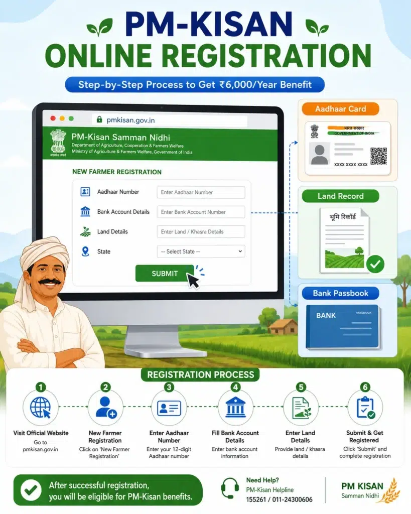 Flat design infographic showing steps to complete PM Kisan new farmer registration online on the official portal.