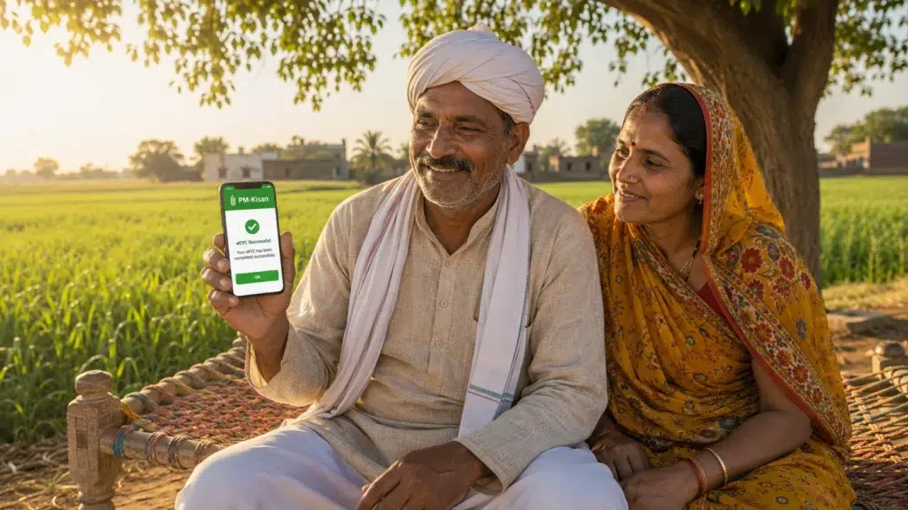 Indian farmer couple checking PM Kisan beneficiary status on a smartphone in a village setting, symbolising successful payment.