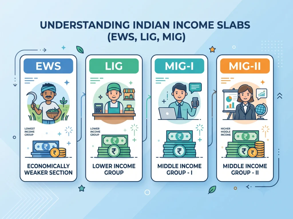 PMAY Urban 2.0 eligibility — EWS, LIG, MIG-I and MIG-II income slabs with subsidy rates.