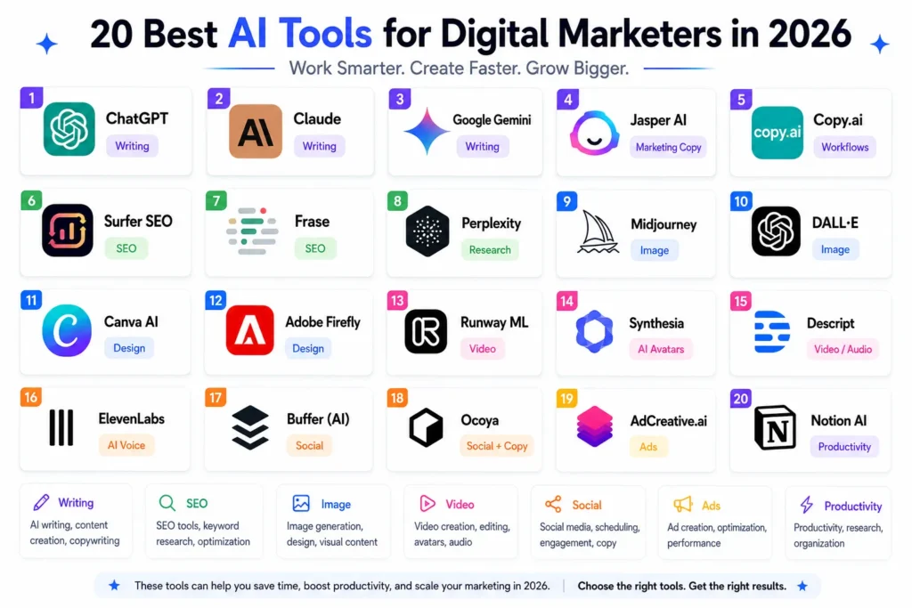Overview of the top 20 AI tools every digital marketer needs in 2026 organized by category