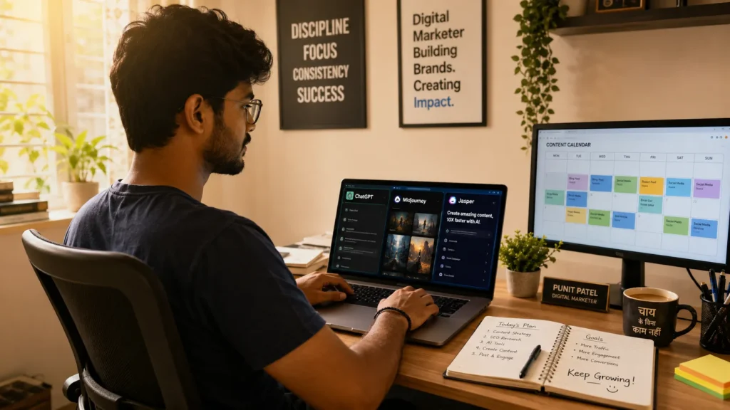 ndian digital marketer using multiple AI tools including ChatGPT Midjourney and Jasper in a modern home office