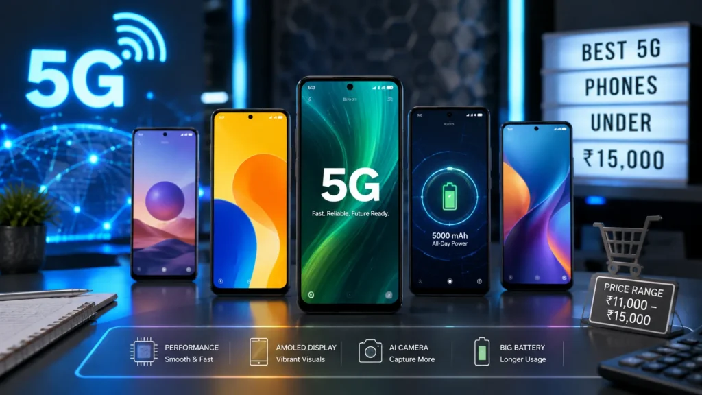 A lineup of modern 5G smartphones representing the best phones under ₹15,000 in India.