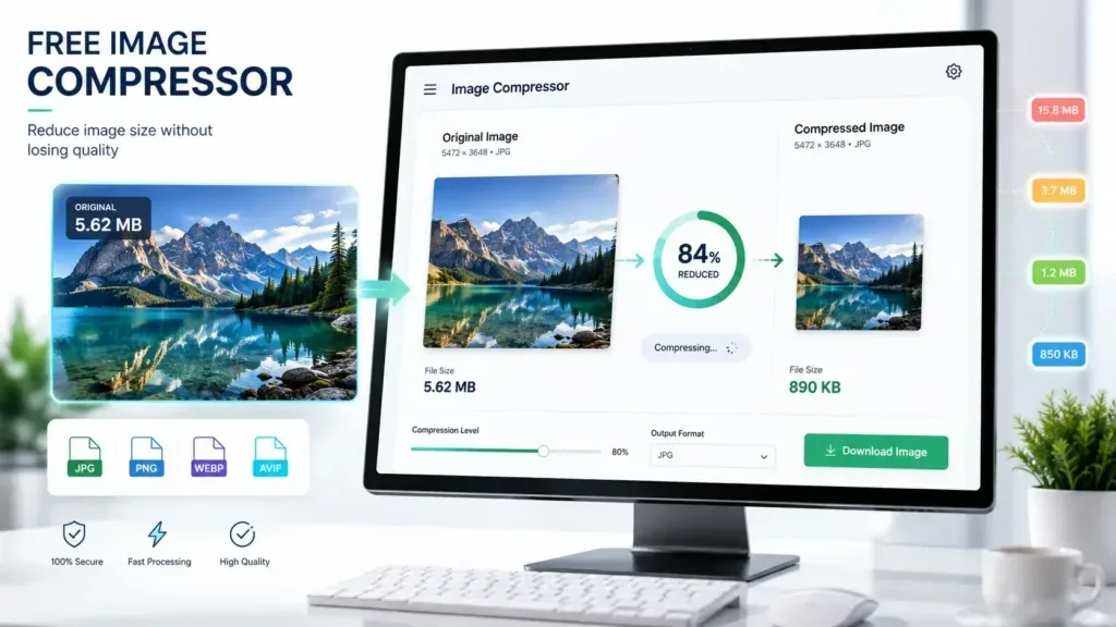 Free image compressor interface showing an image being reduced in file size while maintaining visual quality.