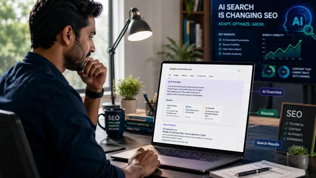 SEO specialist analyzing a Google AI Overview and organic search results for AI search visibility