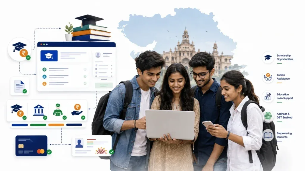 Students using digital services to explore Gujarat government scholarships and education schemes.