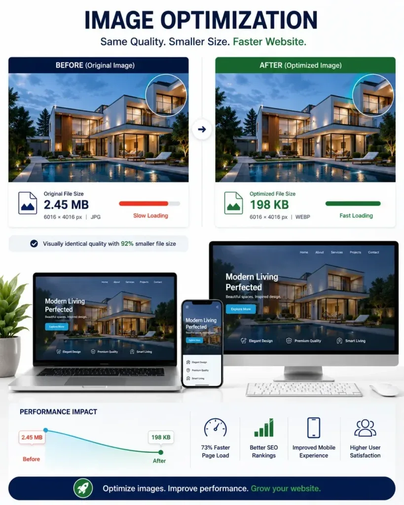 Before-and-after example showing a compressed website image with a much smaller file size and similar visual quality.