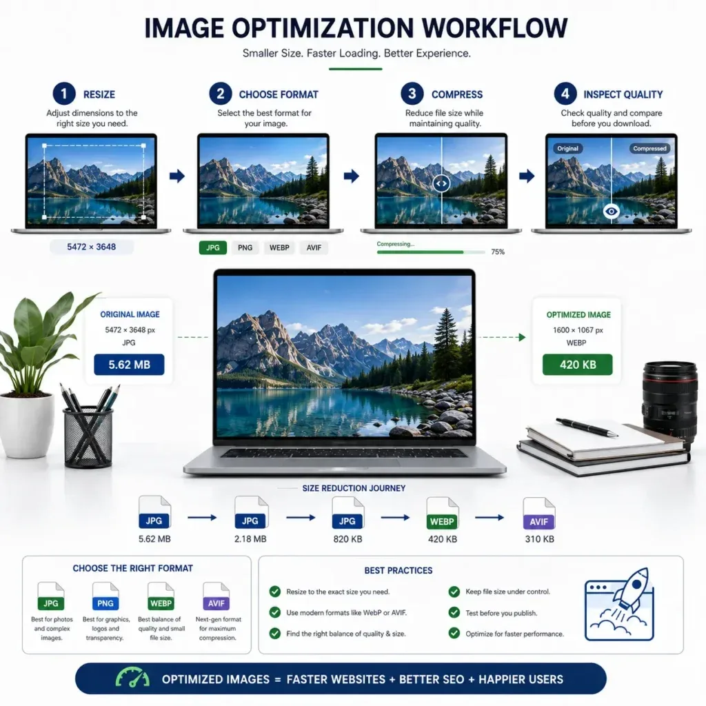 Image optimization workflow showing resizing, choosing an image format, compression, and quality checking.