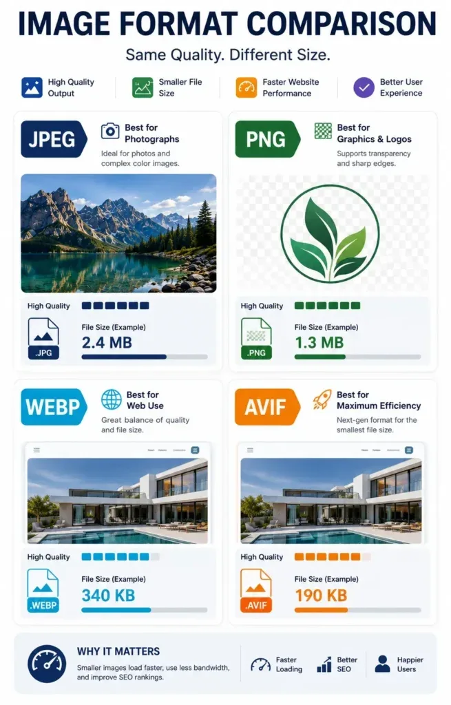 Comparison of JPEG, PNG, WebP and AVIF formats for image compression and website performance.