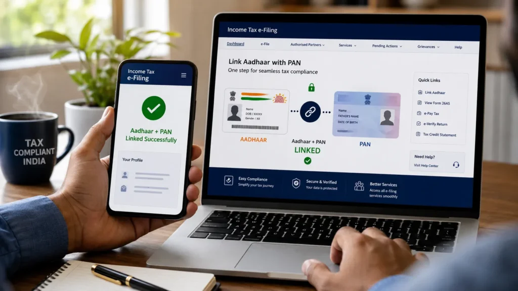 A smartphone and laptop showing an online Aadhaar-PAN linking concept for Indian taxpayers.