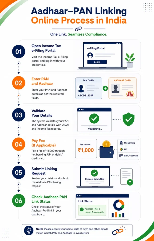 Infographic showing the main steps to link Aadhaar with PAN online.