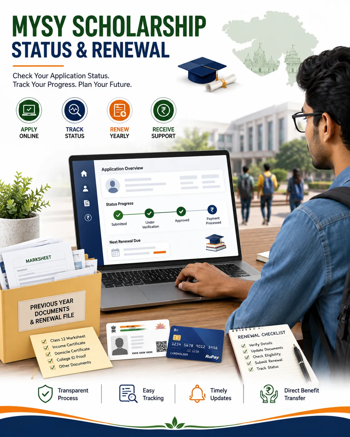 Gujarat college student checking MYSY scholarship status and preparing renewal documents.