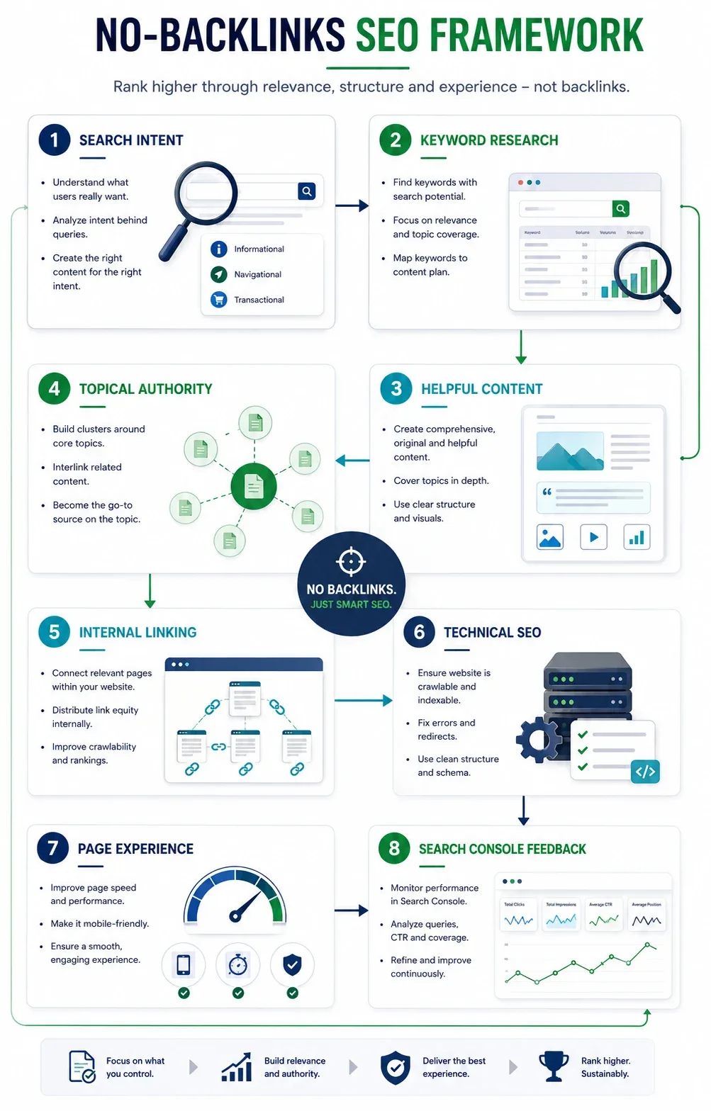 No Backlinks SEO framework combining search intent, content, topical authority, internal links and technical SEO.