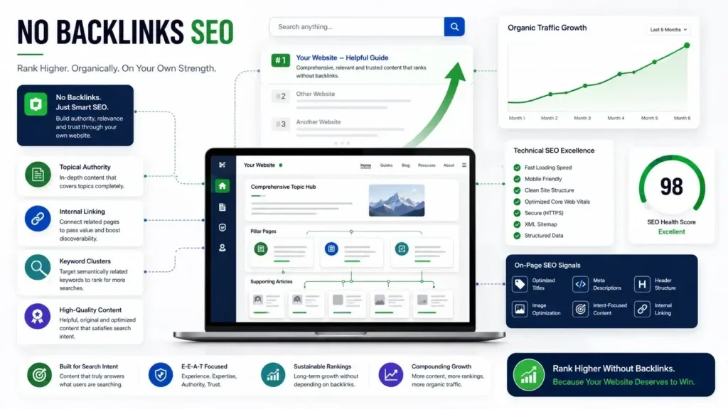 No Backlinks SEO strategy showing topical authority, internal links, technical SEO and growing organic visibility.