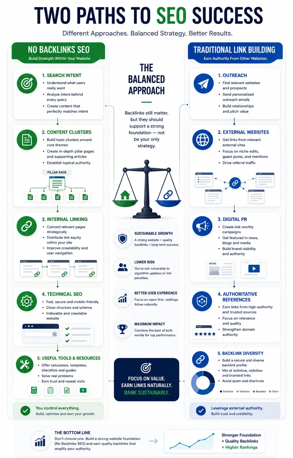 Comparison of No Backlinks SEO and traditional link building strategies for organic search growth.