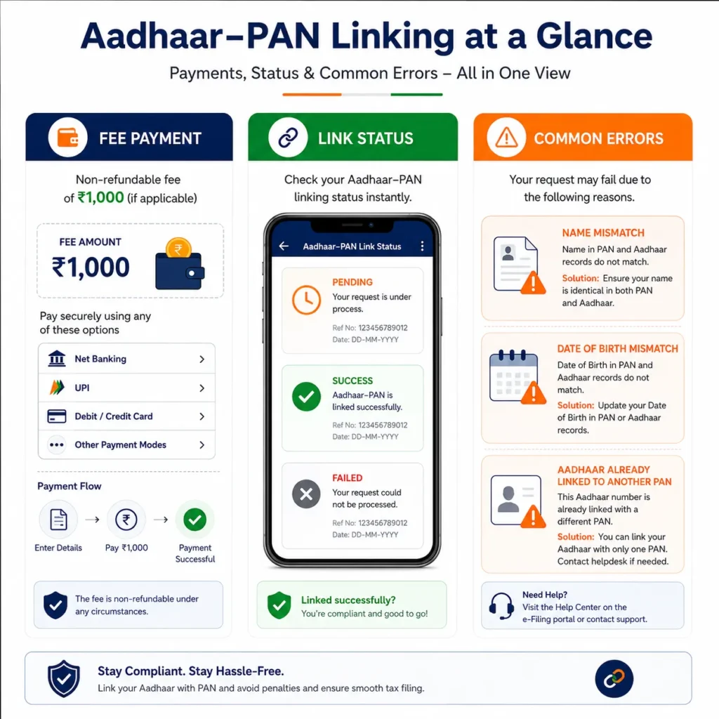 Infographic comparing the PAN-Aadhaar linking fee, status checks, and common errors.