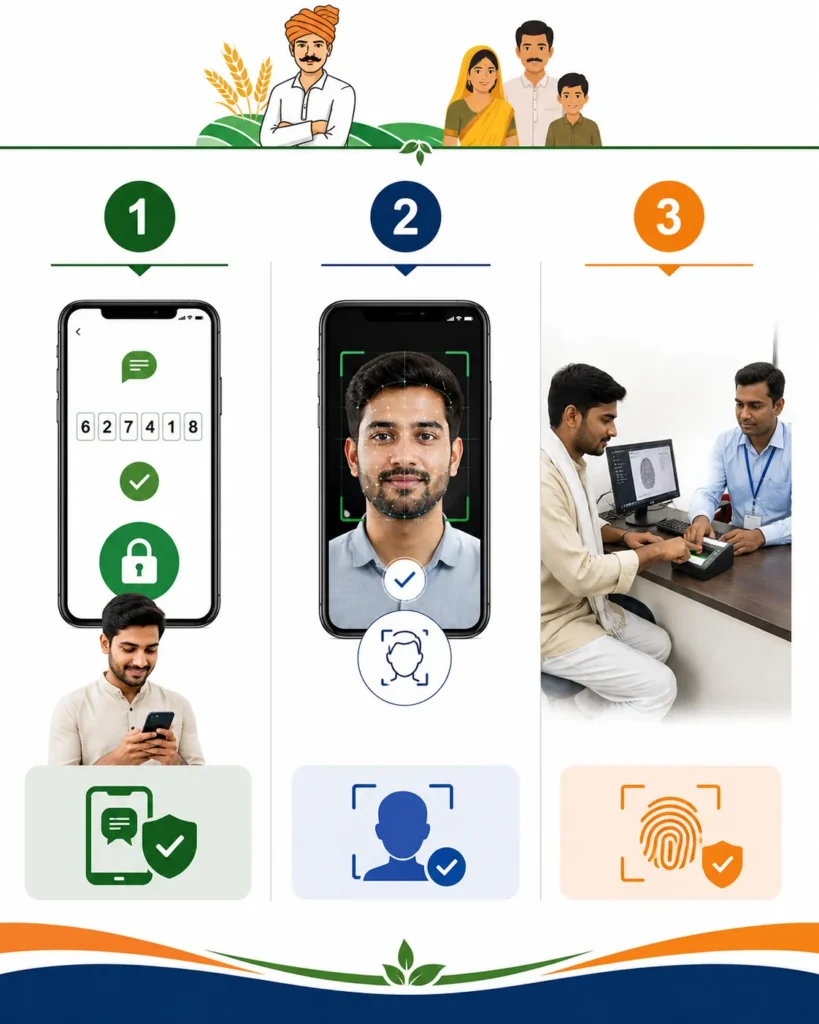 Three PM Kisan eKYC options including OTP, face authentication and biometric verification