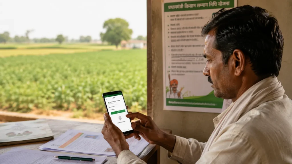 Indian farmer using a smartphone to complete PM Kisan eKYC online