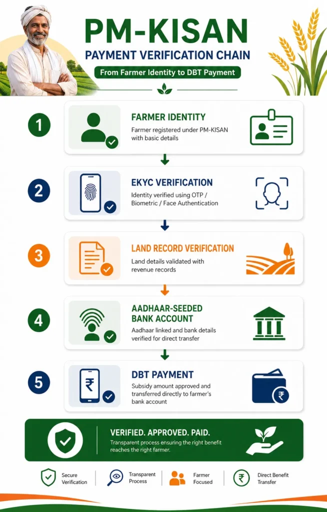 PM Kisan eKYC, land record and Aadhaar bank verification process before DBT payment