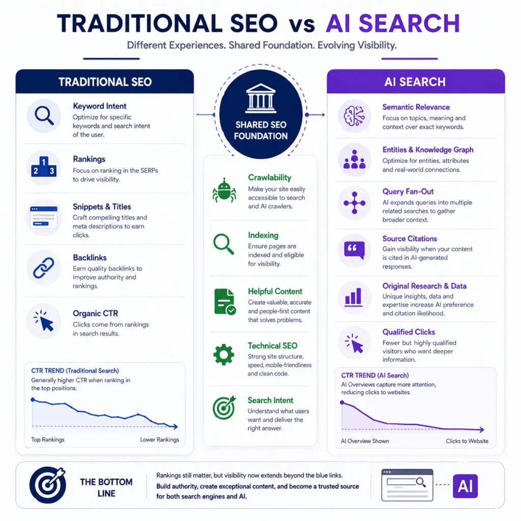 Comparison infographic showing traditional SEO and Google AI search visibility strategies