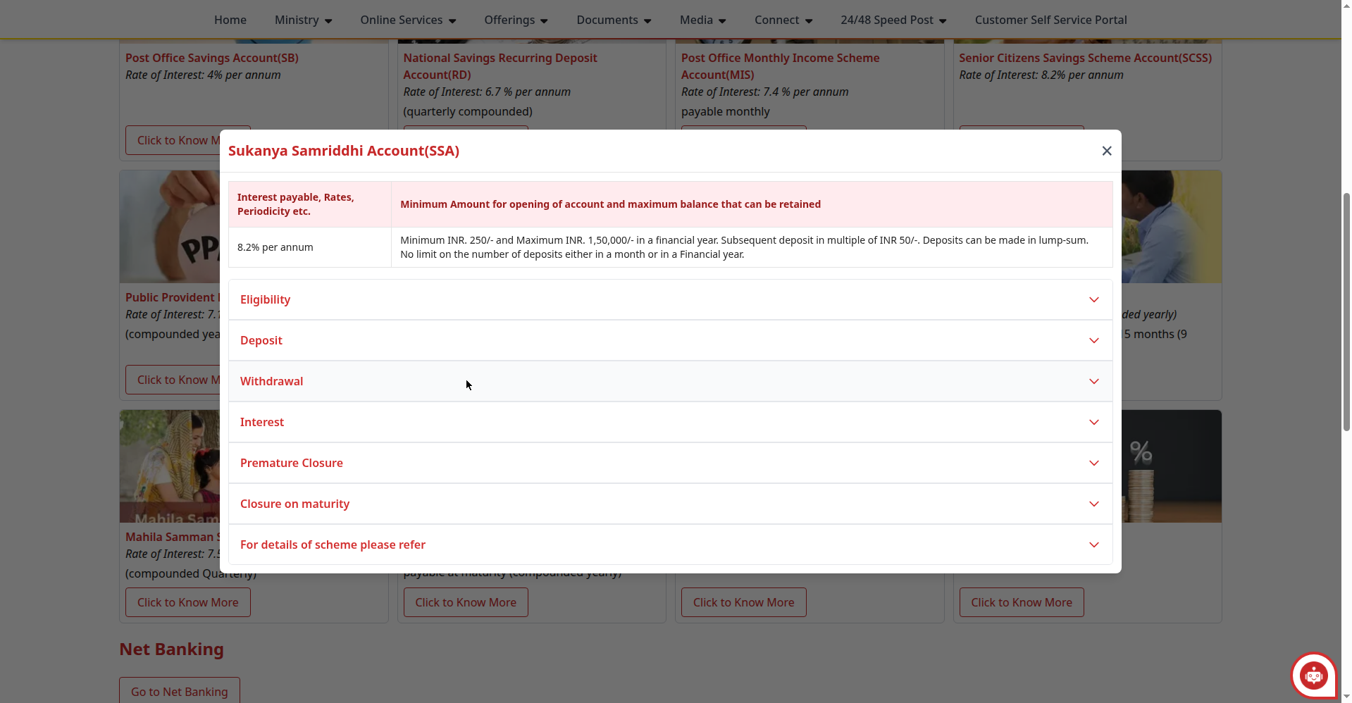 Sukanya Samriddhi Yojana official details on India Post website