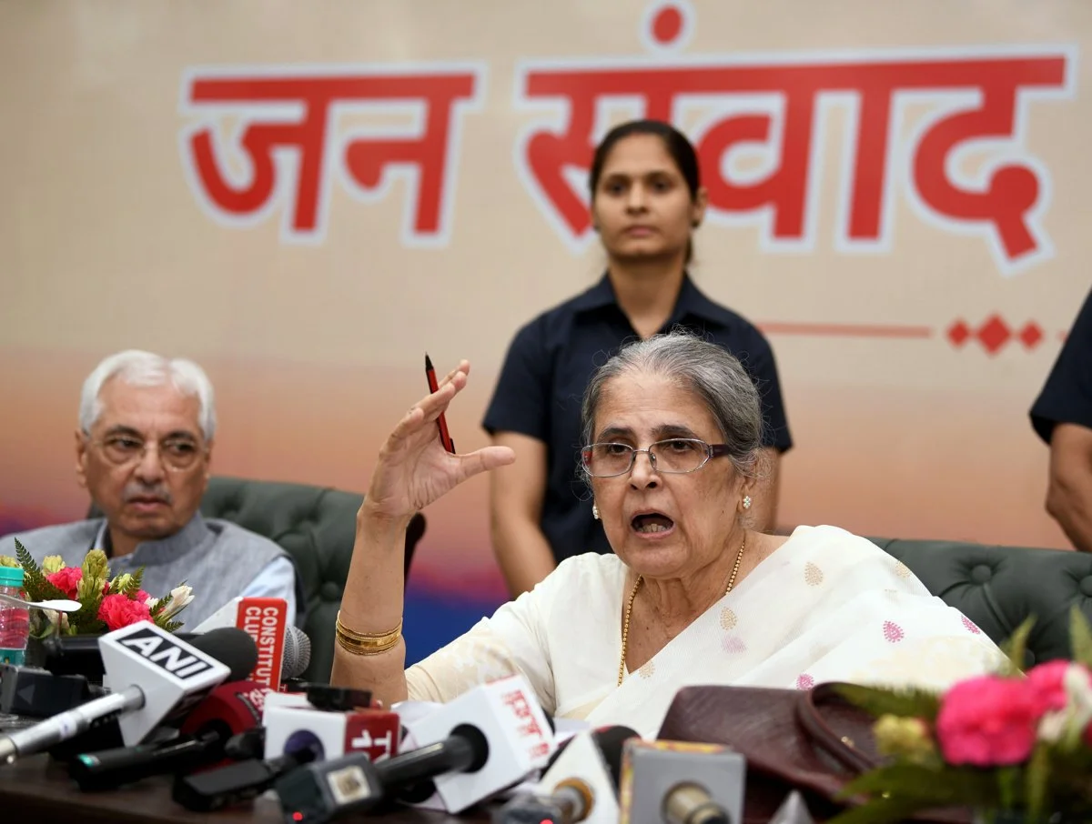 Justice Ranjana Prakash Desai, chairperson of the 8th Pay Commission, at a press conference