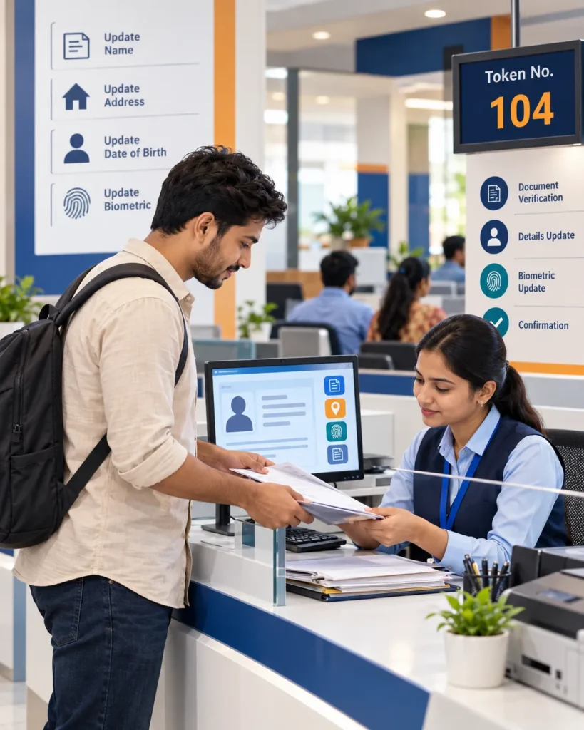 Illustration of a resident preparing documents for an Aadhaar update at an authorised service counter.