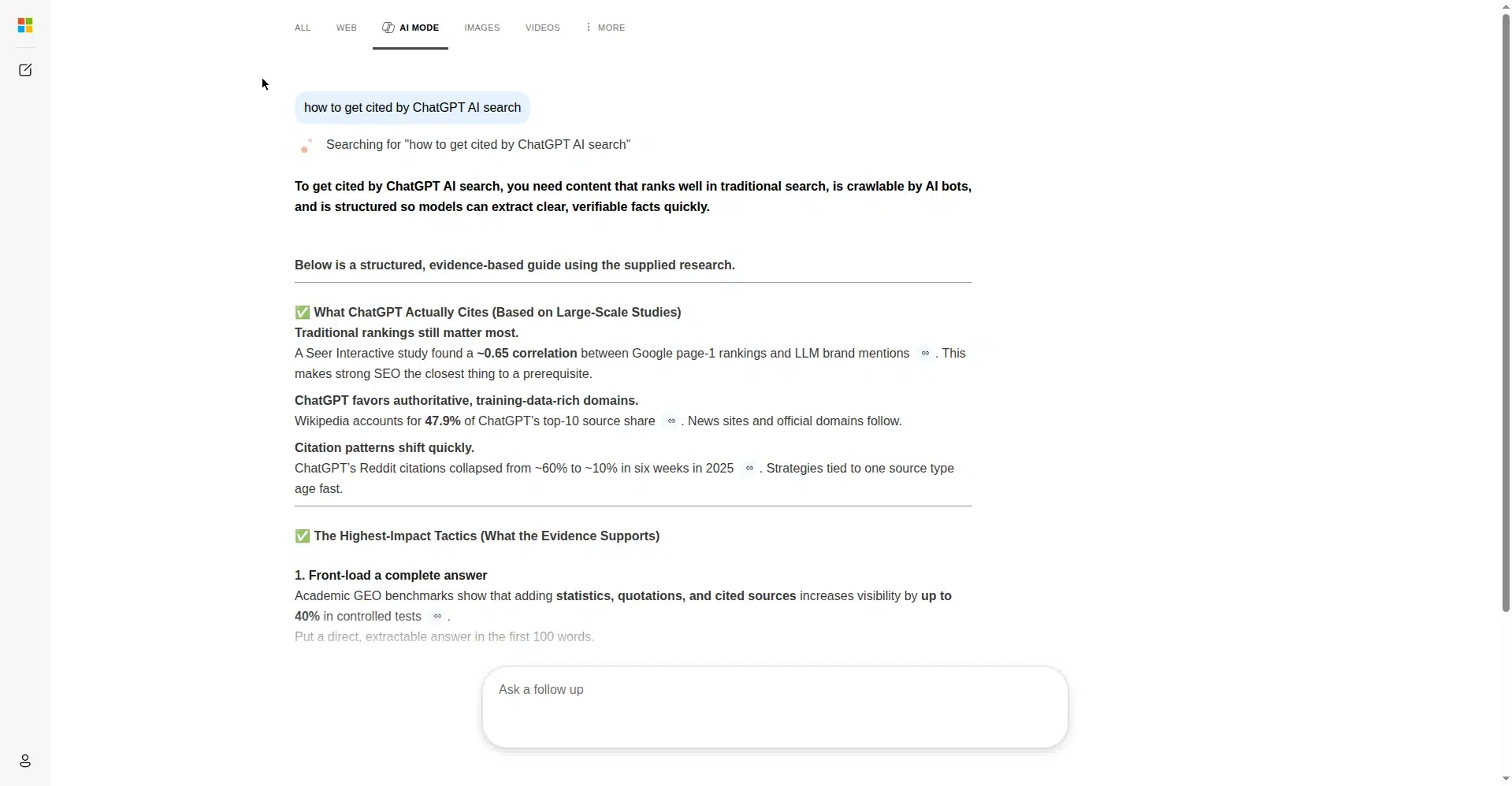 Real Bing AI Mode answer explaining how to get cited by ChatGPT AI search, with citation links
