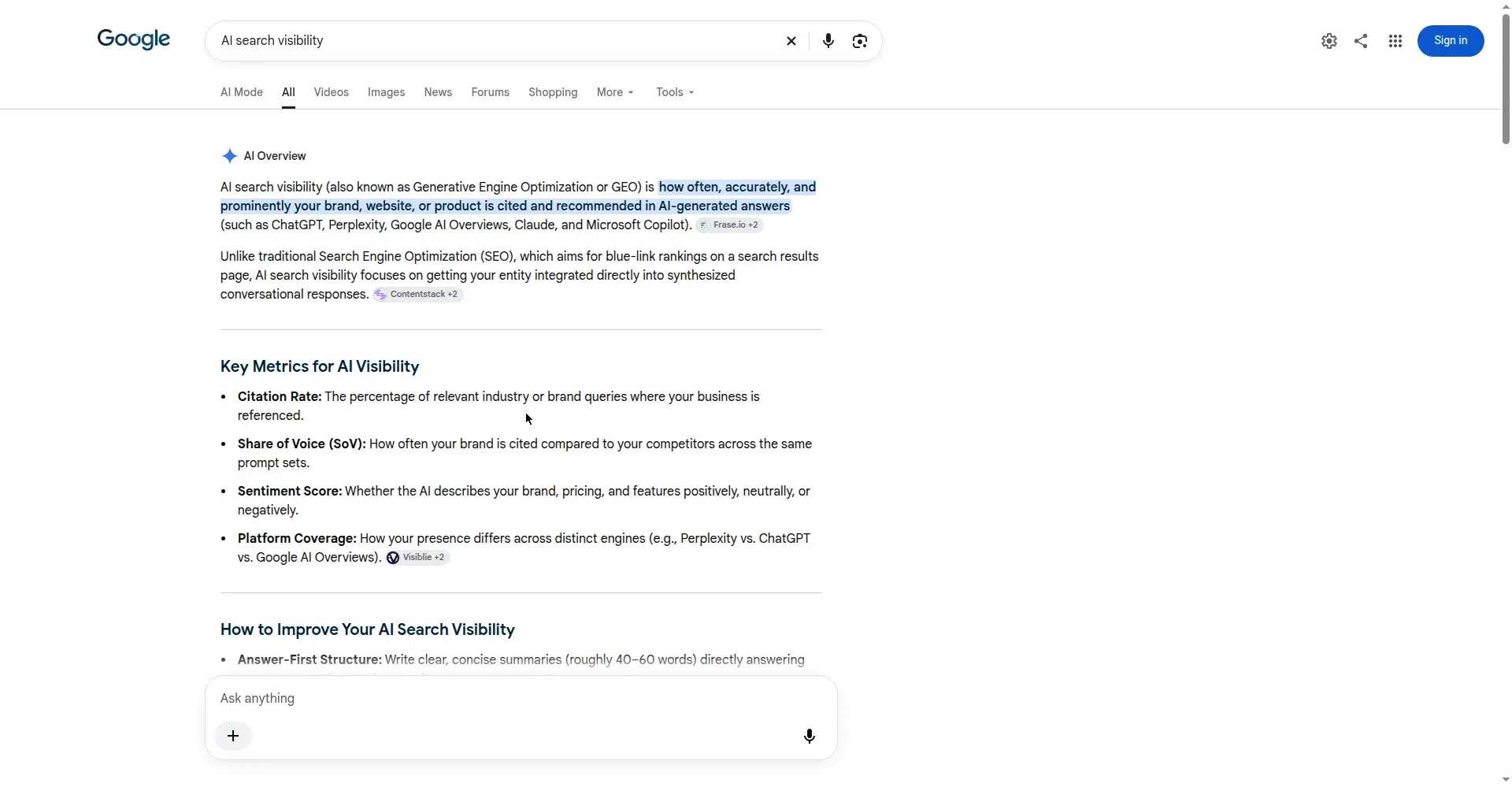 Real Google AI Overview screenshot showing cited sources for the search AI search visibility