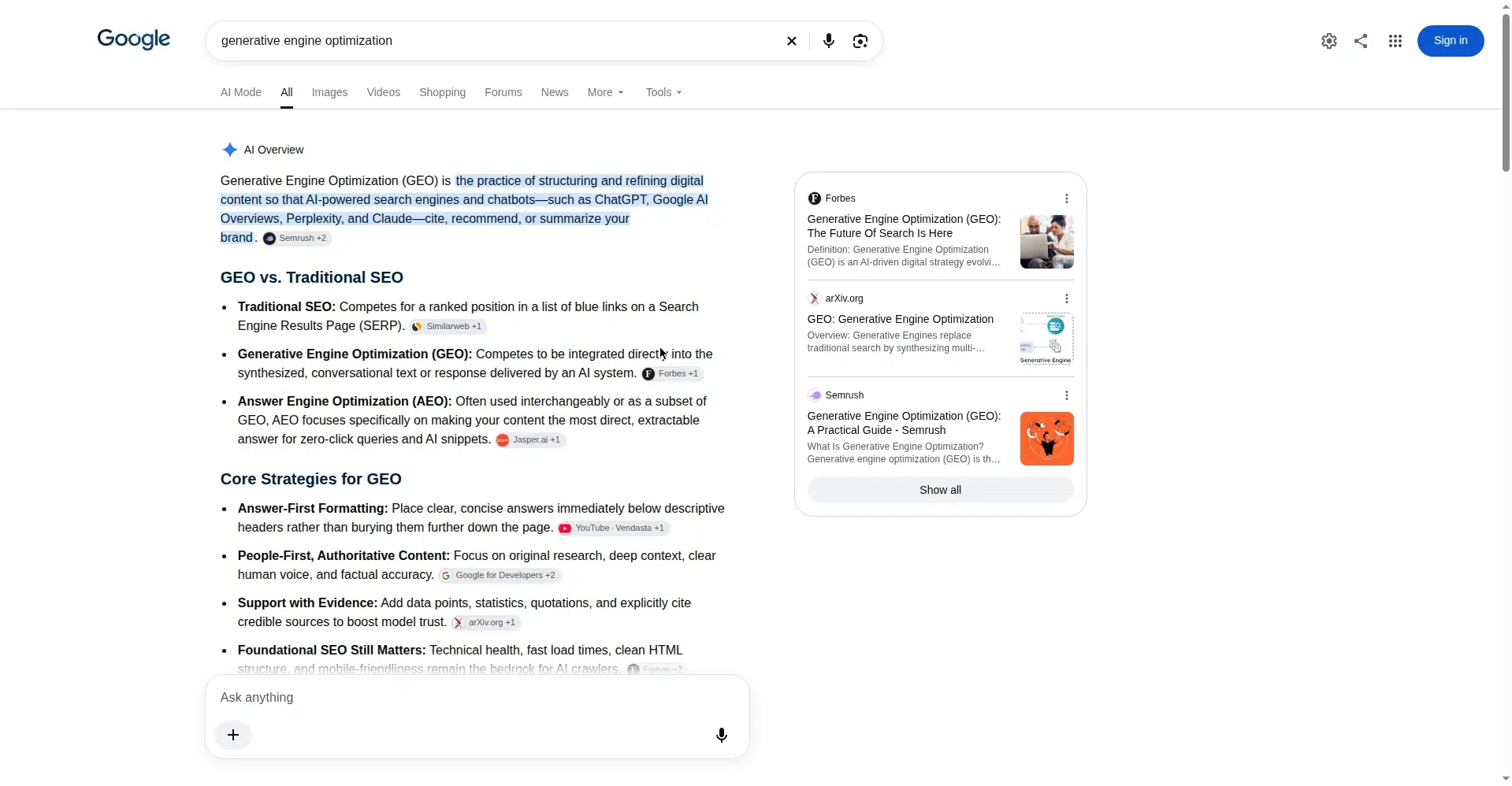 Real Google AI Overview for generative engine optimization with cited sources including Forbes and Semrush