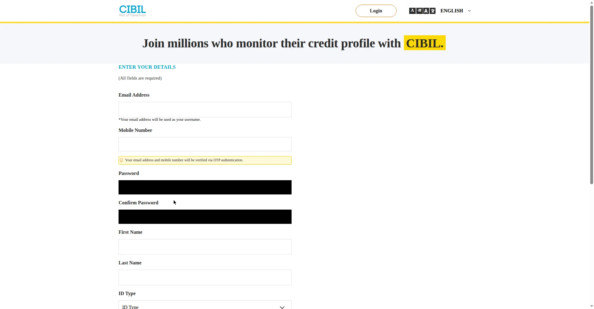 CIBIL free score check enrollment form - enter your details step