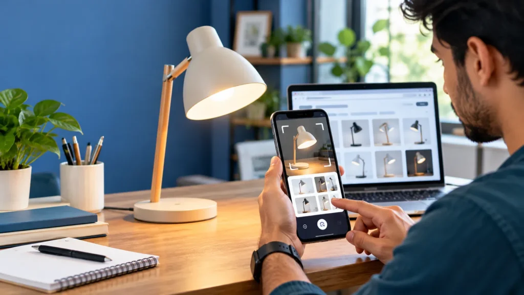 A person using a smartphone to visually search for a product beside related product images on a laptop screen.