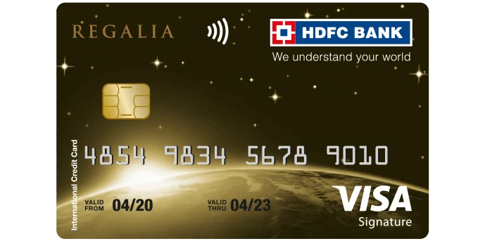 HDFC Bank Regalia credit card front face with Visa Signature branding and contactless chip