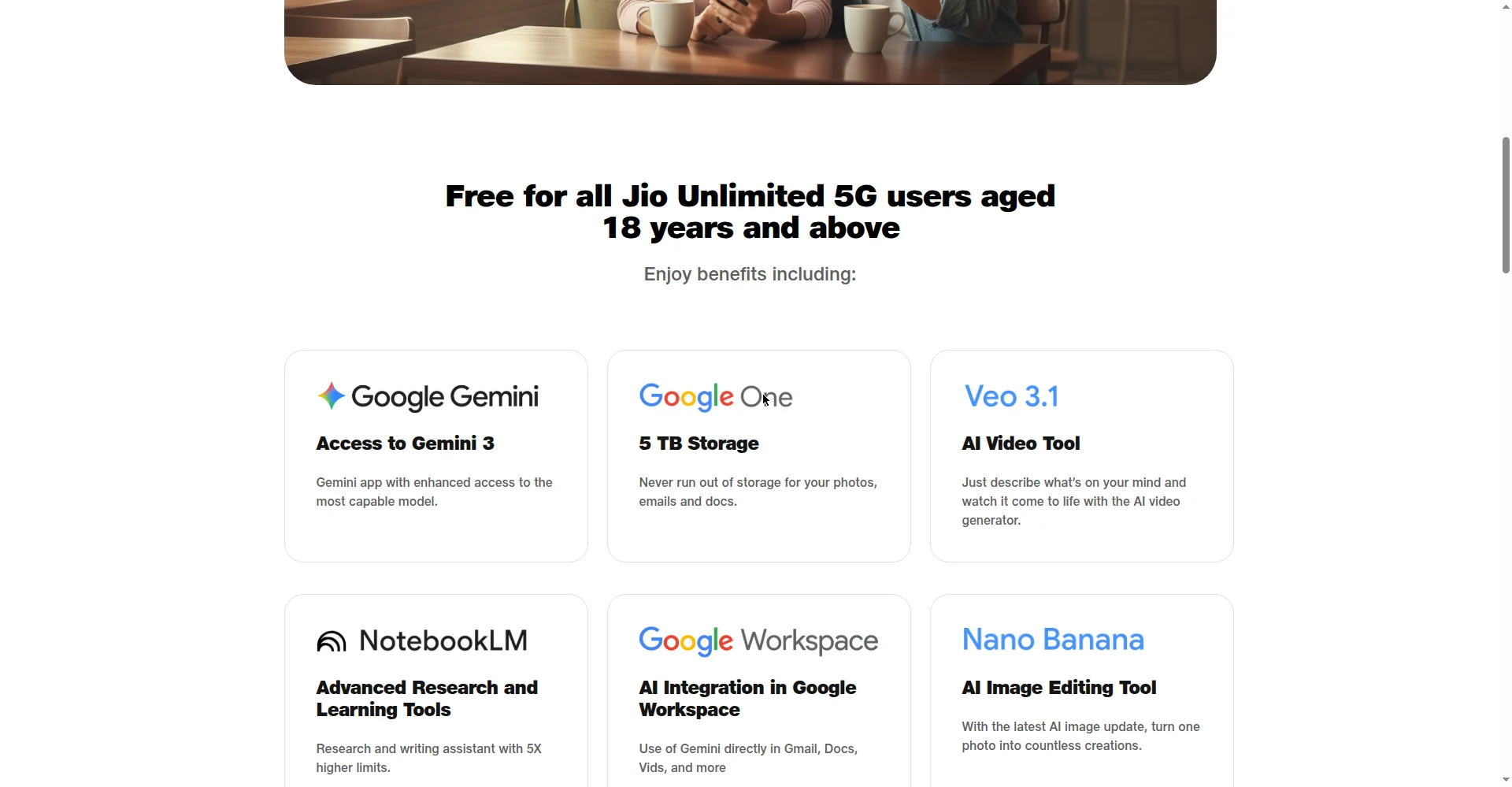 Google AI Pro benefits on Jio's official offer page: Gemini 3, 5TB storage, AI video and research tools